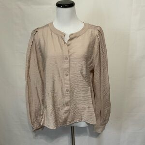 A New Day Tan Buttoned Blouse with puffy sleeves Silky material NWT Size S
